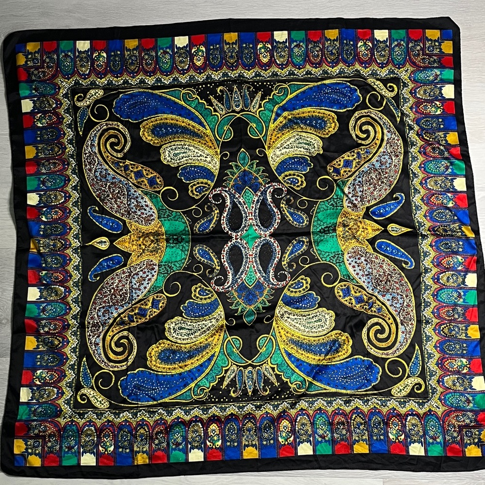 SATIN BLACK TEXTURED JACQUARD BUTTERFLY BOHO GYPSY HEADSCARF